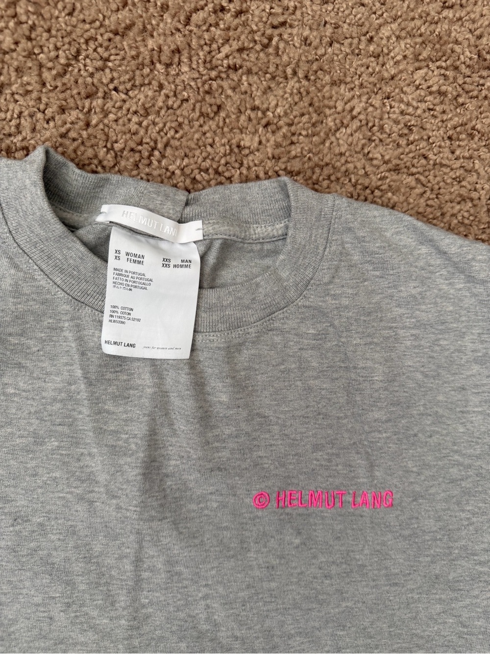 Helmut Lang Gray Tee with Hot Pink Embroidered Logo